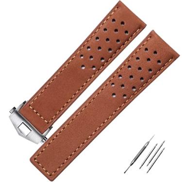 Imagem de TIOYW Pulseira de relógio com fivela dobrável pulseira de couro genuíno para relógio Tag Heuer 20mm 22mm pulseira de couro de vaca cinza preto marrom (cor: prata marrom claro, tamanho: 22mm)
