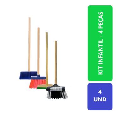Imagem de Kit Infantil Com 4 Unidades Mini Vassouras Rodinho e Pazinha Brinquedo