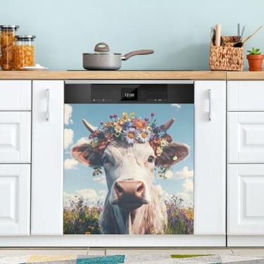 Imagem de xigua Capa magnética para lava-louças Flowers Highland Cow, adesivos magnéticos decorativos antiarranhões para painel de geladeira e lava-louças, decoração personalizada de cozinha doméstica 58 x 66
