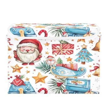 Imagem de SEHANY Linda caixa de armazenamento de Papai Noel de Natal com tampas e alças, organizador de cestas de armazenamento de tecido dobrável, caixas de armazenamento de cubos grandes para roupas, cobertor