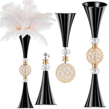 Imagem de VIJIV Vasos de flor pretos altos de cristal para centro de mesa - Vaso grande de trompete de 71 cm para buquê decorativo skinny, suporte de flores para vaso de chão para festa, decoração de mesa de