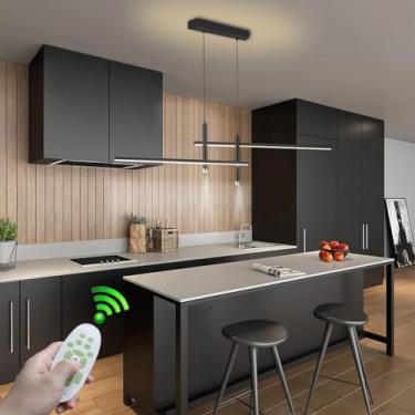 Imagem de Lustre moderno de LED linear com controle remoto e dimerização, com iluminação de foco. Luminária ideal para cozinha, ilha, sala de estar e escritório. Luminária de teto em metal preto (Cor: