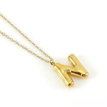Imagem de Colar de Letra Bolha Personalizado para Mulheres, Colar Inicial Banhado a Ouro 18K com Corrente Cruzada em Aço Inoxidável, 45 cm, 26 Letras, Jóia de Moda e Presente Estiloso (dourado,N)