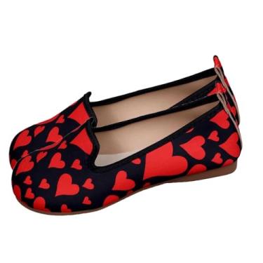 Imagem de Tênis feminino moderno casual estampado em forma de coração versátil bico redondo PU, Preto, 36