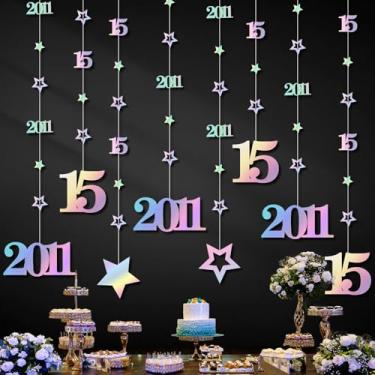 Imagem de Eucutur Decorações iridescentes de aniversário de 15 anos para meninas e meninos, número cintilante pré-amarrado vintage 2011 15 anos de idade, faixa para pendurar suprimentos de festa, adereços de