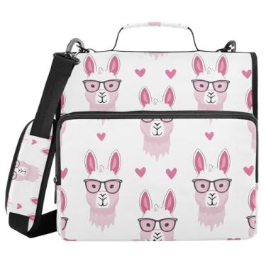 Imagem de Lhamas engraçados óculos rosa bolsa fichário com zíper 3 anéis fichário com alça de ombro, zíper, capacidade para 500 folhas, vários bolsos para material de escritório escolar