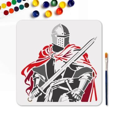 Imagem de MAYJOYDIY Estêncil de cavaleiro reutilizável de espada para pintura modelo de desenho de cavaleiro medieval de 29 x 29 cm com pincel de pintura para decoração de papel e tela de parede