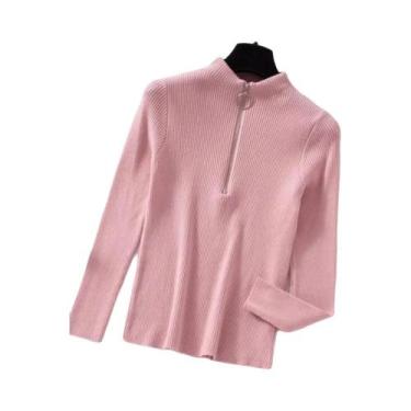 Imagem de Suéter Feminino Vintage De Tricô Com Zíper, Manga Longa, Gola Alta, Ca