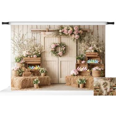 Imagem de Kate Pano de fundo de Páscoa para sessão de fotos flores de primavera porta de celeiro de madeira ovos coloridos adereços de banner de festa, 2,1 x 1,5 m