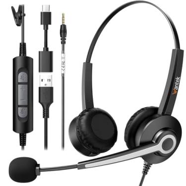 Imagem de Fone de ouvido USB com microfone para PC, fone de ouvido para laptop com botão de atendimento de chamadas para equipes MS e telefones IP, design leve e almofadas de espuma de memória para conforto o