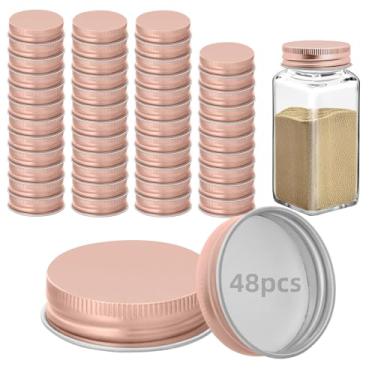Imagem de 48 tampas de potes de ferro para potes quadrados de 113 g e 170 g reutilizáveis latas herméticas de armazenamento de especiarias para cozinha de vedação agradável (ouro rosa)