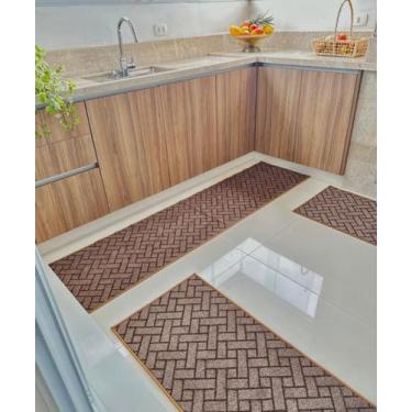 Imagem de Tapete de Cozinha Jogo 3 Peças Geométrico - New Shop Textil, Marrom Pa