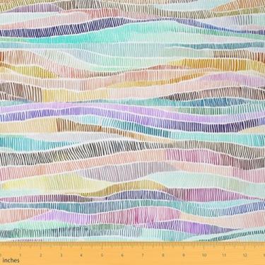Imagem de jejeloiu Tecido ondulado colorido por Yard Tecido de estofamento geométrico arco-íris para costura, artesanato, linhas curvilíneas abstratas, impermeável, decoração interna e externa para projetos de