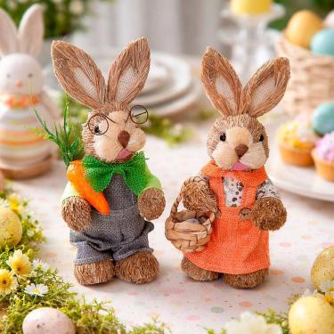Imagem de Casal Coelho Cesta Cenoura Ovos Decoração De Páscoa De 24cm