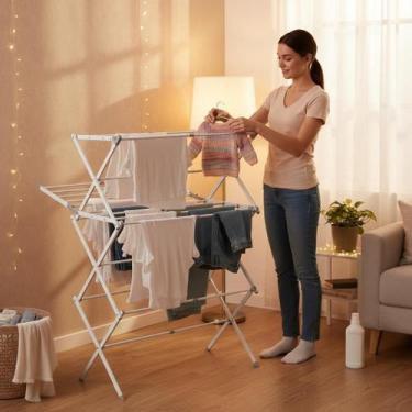 Imagem de Varal Vertical Retrátil de Chão Branco 5 Níveis 20 Penduras Espaço Com