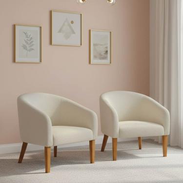 Imagem de Poltrona Sala Decorativa Kit 2 Stella Pé Madeira Trapézio Castanho Bouclê Bege D03 - D'Rossi