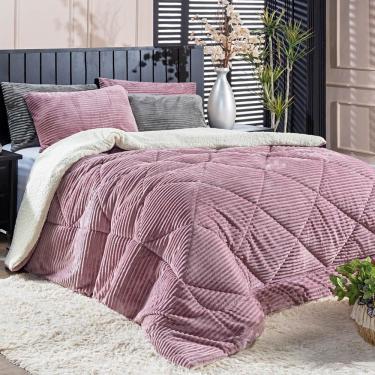 Imagem de Kit Coberdrom Canelado Boston King 03 Peças - Dupla Face Manta E Sherpa Colorida Cor Rosê