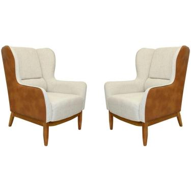 Imagem de Kit 02 Poltronas Milena Base Madeira Corano Caramelo/linho Sand Dollar - Nexta Casa