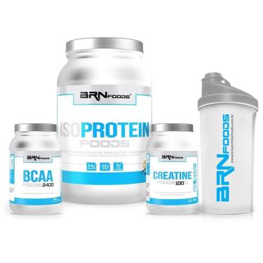 Imagem de Kit Iso Protein Foods 900 G + Creatina Foods 100% 300 + BCAA Foods 2400 200 Cáps + Coqueteleira-Unissex