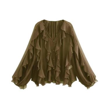 Imagem de Blusa Feminina Casual Com Babados, Decote Em V, Renda Vazada, Estilo S