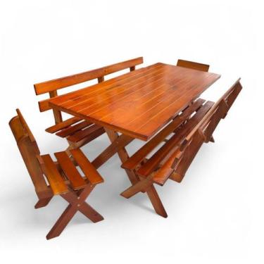 Imagem de Conjunto Mesa de Madeira Maciça Rústica para Churrasco e 4 Bancos - DK