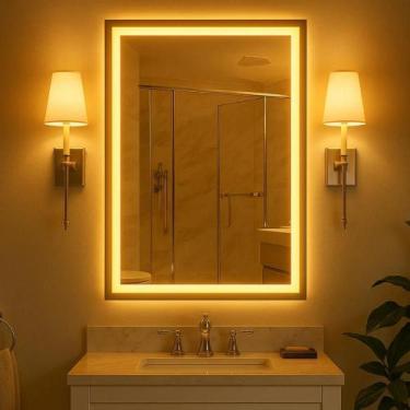 Imagem de Espelho Retangular 80x60cm Jateado com LED Lapidado Branco Quente Vert