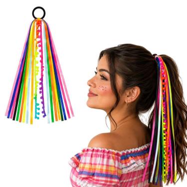 Imagem de Enfeite de Cabelo Rabicó Festa Junina São João Arraiá com Fitas Coloridas e Elástico 42CM Extra Festas