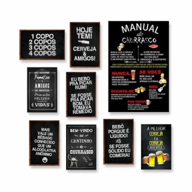 Imagem de Kit 9 Placas Decorativas Cantinho Churrasco Bebidas Frases Bar - Vinta