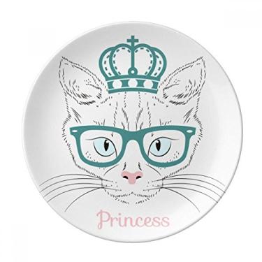Imagem de Crown Sunglass Prato de princesa de gato branco decorativo de porcelana salver talheres, Prato de jantar