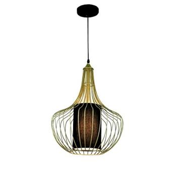 Imagem de Pendente Aramado Em Metal Na Cor Dourado Fosco, Com Cúpula Em Tecido Na Cor Preto, Com Soquete 1xe27, Com Potencia Maxima De 40w, Medindo Ø38x52cm New Line 110v