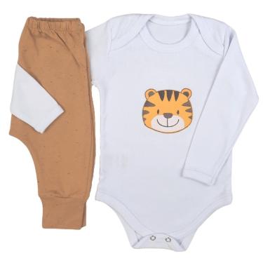 Imagem de Conjunto Body Manga Longa com Bordado/Aplique Tigre e Calça Saruel Mijão - Roupa Bebê Menino-Masculino