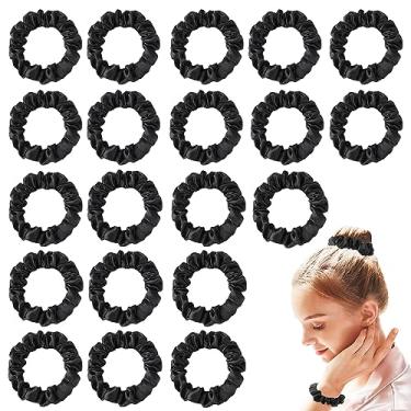 Imagem de Laços elásticos de cetim de seda para mulheres e meninas suportes de rabo de cavalo, 20 peças, mini elásticos pretos para cabelo cacheado grosso e encaracolado, laços de cabelo com rabo de cavalo