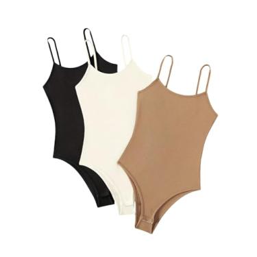 Imagem de Floerns Body feminino 3 peças liso sem mangas canelado malha cami top macacão, Camelo bege preto, GG