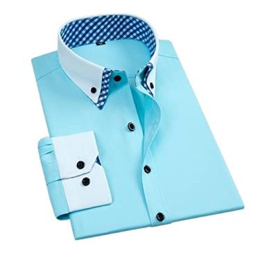 Imagem de Camisa Masculina De Negócios De Algodão Slim Fit Manga Longa Com Botões Camisas Formais De Outono Xadrez Patchwork Camisas Formais Para Homens (Color : Lake Blue, Size : 43-4XL)
