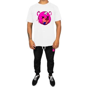 Imagem de Kit Conjunto Masculino Camiseta Algodão e Calça Moletom Casual Estampado Urso Rosa (Branco, GG)
