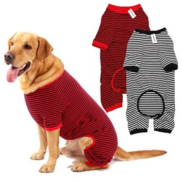 Imagem de Pijama para cães de algodão listrado, pijama básico respirável com 4 pernas para filhotes e gatos, super macio, elástico, moderno e confortável para meninos e meninas (preto, vermelho + preto, grande)