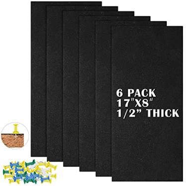 Imagem de Qunclay Pacote com 6 placas de cortiça preta, 43 x 20 cm, autoadesivas, 1,27 cm de espessura, quadro de avisos de cortiça para parede, escritório, casa, com uma caixa de pinos