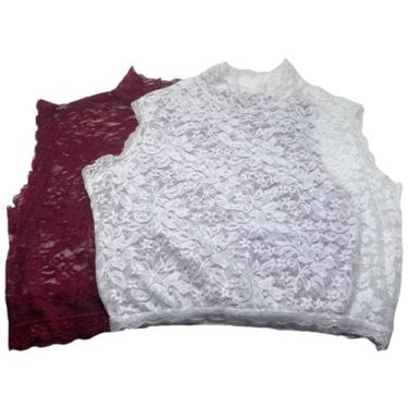 Imagem de 2X Camiseta regata feminina de renda com gola redonda básica, sem mangas, caimento justo, blusa cropped, Branco bordô., M