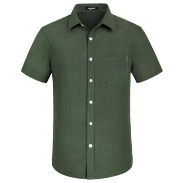 Imagem de HISDERN Camisa masculina de algodão de linho de manga curta casual de verão com botão para férias na praia com bolso, Verde, GG