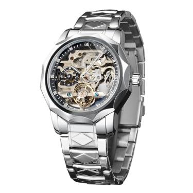 Imagem de FORSINING Relógio masculino esqueleto turbilhão automático relógio mecânico oco turbilhão losango relógio de pulso de aço inoxidável dourado ou preto, Marrom, Retrô