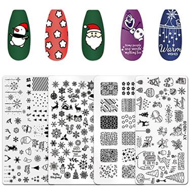 Imagem de 4 peças de placas de estampagem de unhas de Natal, placas de arte de unhas de Papai Noel, rena, boneco de neve, floco de neve, placa de inverno, design de arte de unhas, kit de carimbos de manicure,