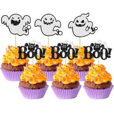 Imagem de 24 peças de topos de cupcake fantasma de Halloween com glitter, decorações de bolo para chá de bebê, cupcake, decoração para Halloween, decoração de revelação de gênero, suprimentos de festa, preto