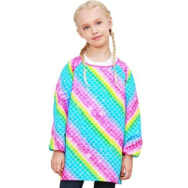 Imagem de Avental infantil PASHOP com pintura de unicórnio à prova d'água para meninas meninos manga comprida comprimento até o joelho com bolso para 3 a 12 anos (sereia de arco de arco, 8 a 12 anos)