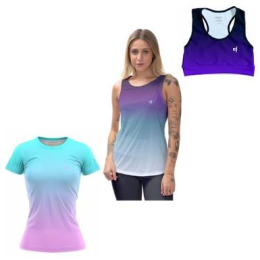 Imagem de Kit Camiseta Academia Feminina UV 50 Regata Cavada Top Cropped Fitness