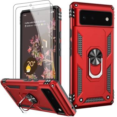 Imagem de LUMARKE Capa para Google Pixel 6A com protetor de tela, capa protetora de grau militar testada contra quedas de 4,9 m com suporte magnético compatível com suporte de carro vermelho