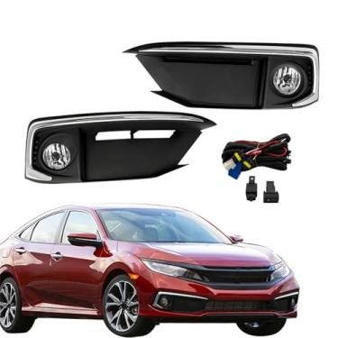 Imagem de labwork Kit de faróis de neblina de substituição para Honda Civic Coupe Sedan 2019 2020 Conjunto de lentes transparentes do lado do passageiro e do motorista com kit de interruptor de chicote de fios