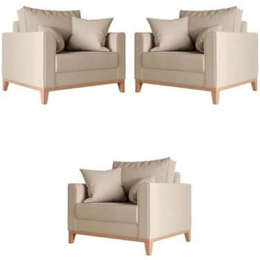 Imagem de Kit 3 Poltronas Beny Base em Madeira Maciça Recepção Linho Bege Kimi D
