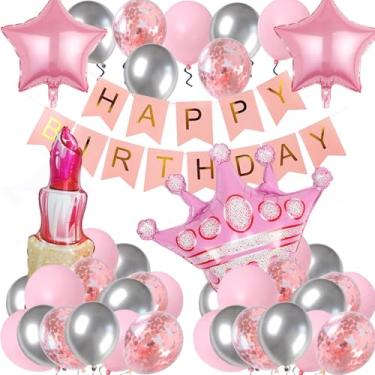 Imagem de Decorações de aniversário rosa para meninas, balões de coroa rosa, batom, balão, rosa, prata, confete com balão de látex, faixa rosa feliz aniversário para mulheres, suprimentos de decoração de festa