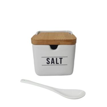 Imagem de Porta Saleiro Manhattan De Porcelana E Tampa De Madeira Bambu Com Colher (Branco Quadrado Salt)