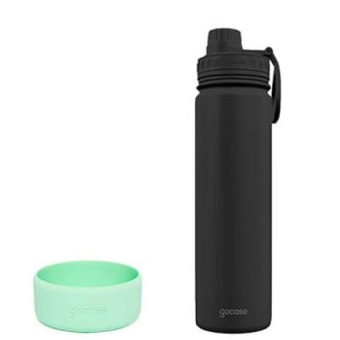Imagem de Kit de Garrafa Térmica Para Água Fresh Gocase 650ml + Base de Silicone (Preto & Verde)